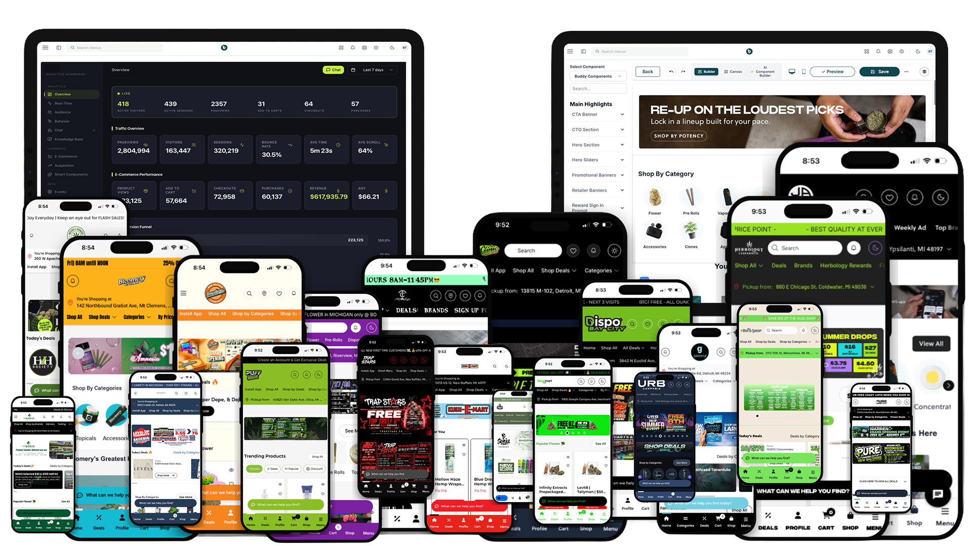 Buddy cannabis ecommerce platform shown across desktop analytics dashboard, tablet builder, and dispensary mobile apps